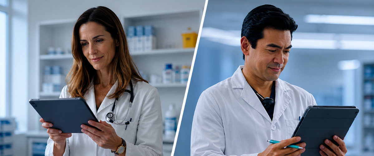 A male and female doctor both looking at their tablets