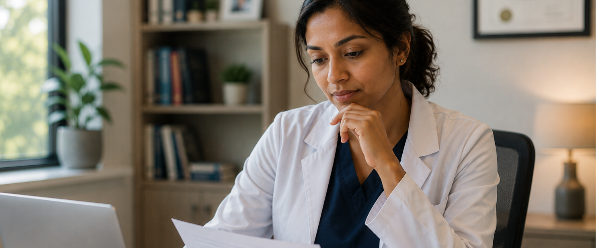 Woman sitting at her desk looking over a document in her hand with deep concern.
