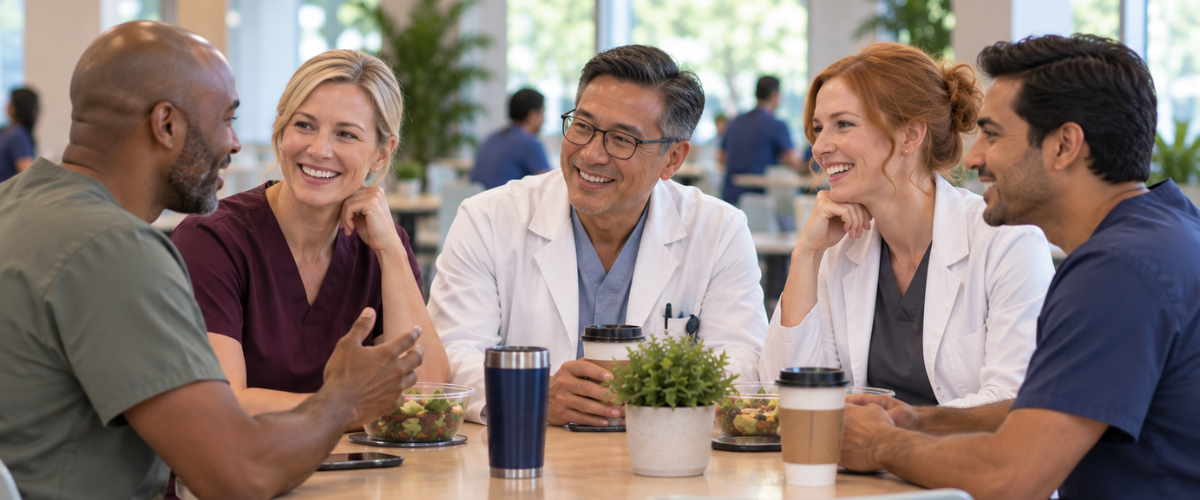 Group of doctors sitting around a lunch table laughing and talking with one another.