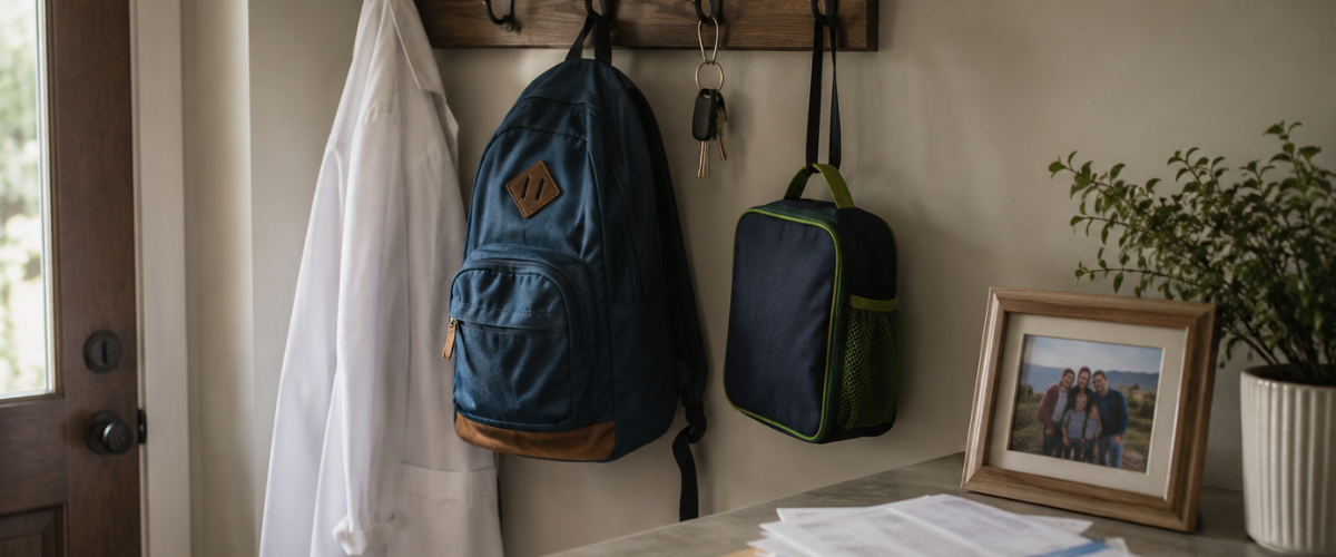 A doctors coat, school backpack, and lunchbox hang on a coat hanger. A stack of medical bills and a family photo sit on a nearby table.